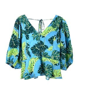 Draper James 100% linen Puff Sleeve Monstera Floral top blouse Size 10 blue gree